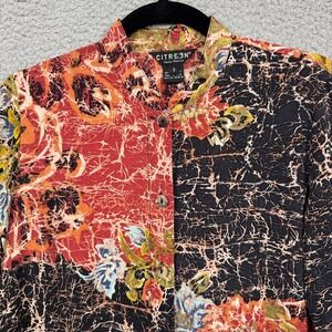Citron Top Womens S Abstract Floral Silk Button Artsy Indie Eclectic Statement